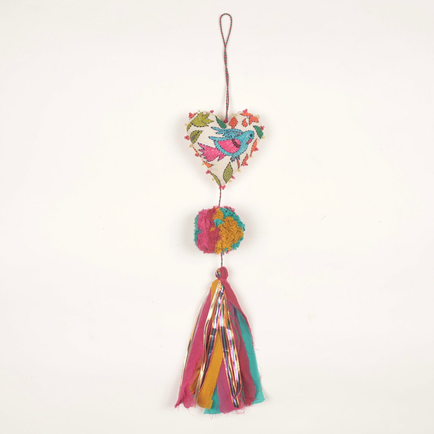 Kantha Heart Hanging — Bird and Floral Design