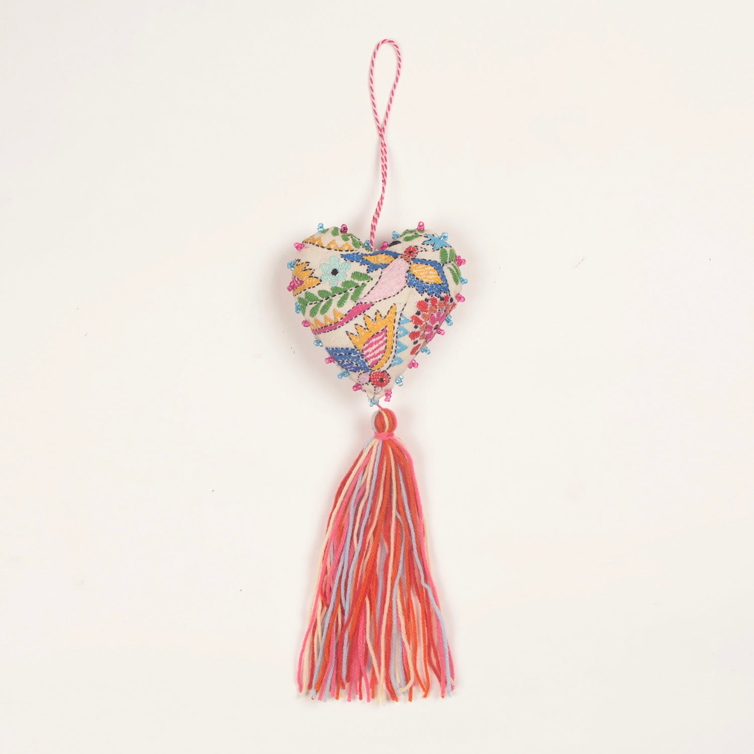 Kantha Heart Ornament — Wool Tassels