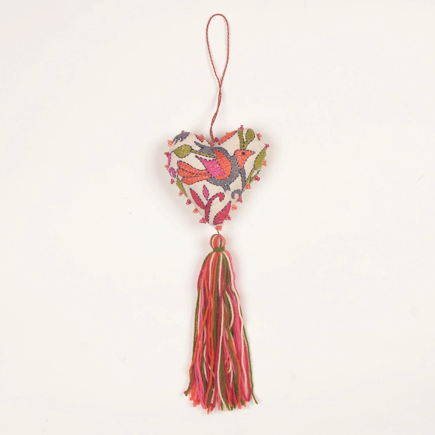 Kantha Heart Ornament — Wool Tassels