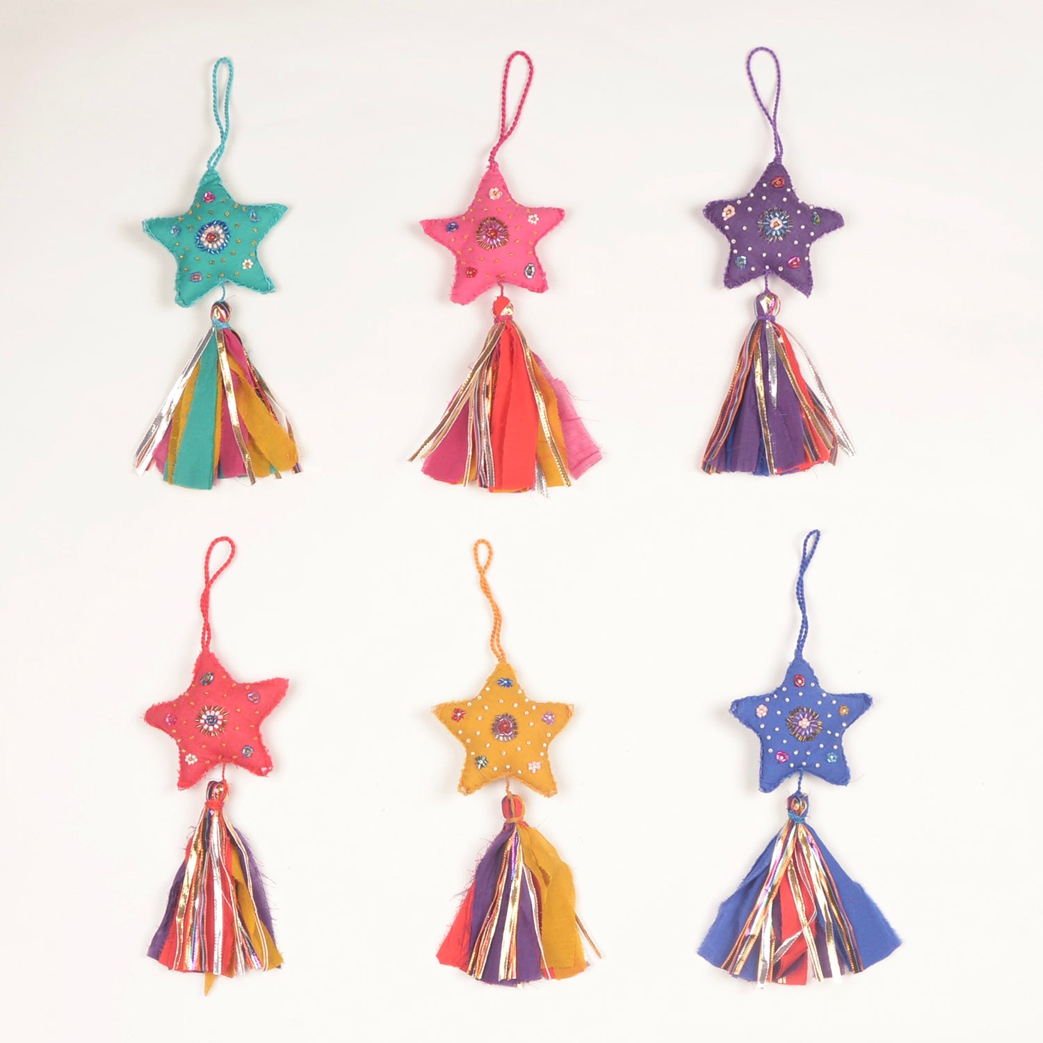 Star Ornament Set — Shiny Ribbon Tassels (Set of 6)